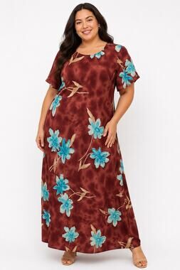 Vintage Y2K Gabrielle Copper & Blue Floral Print Short Sleeve Maxi Dress